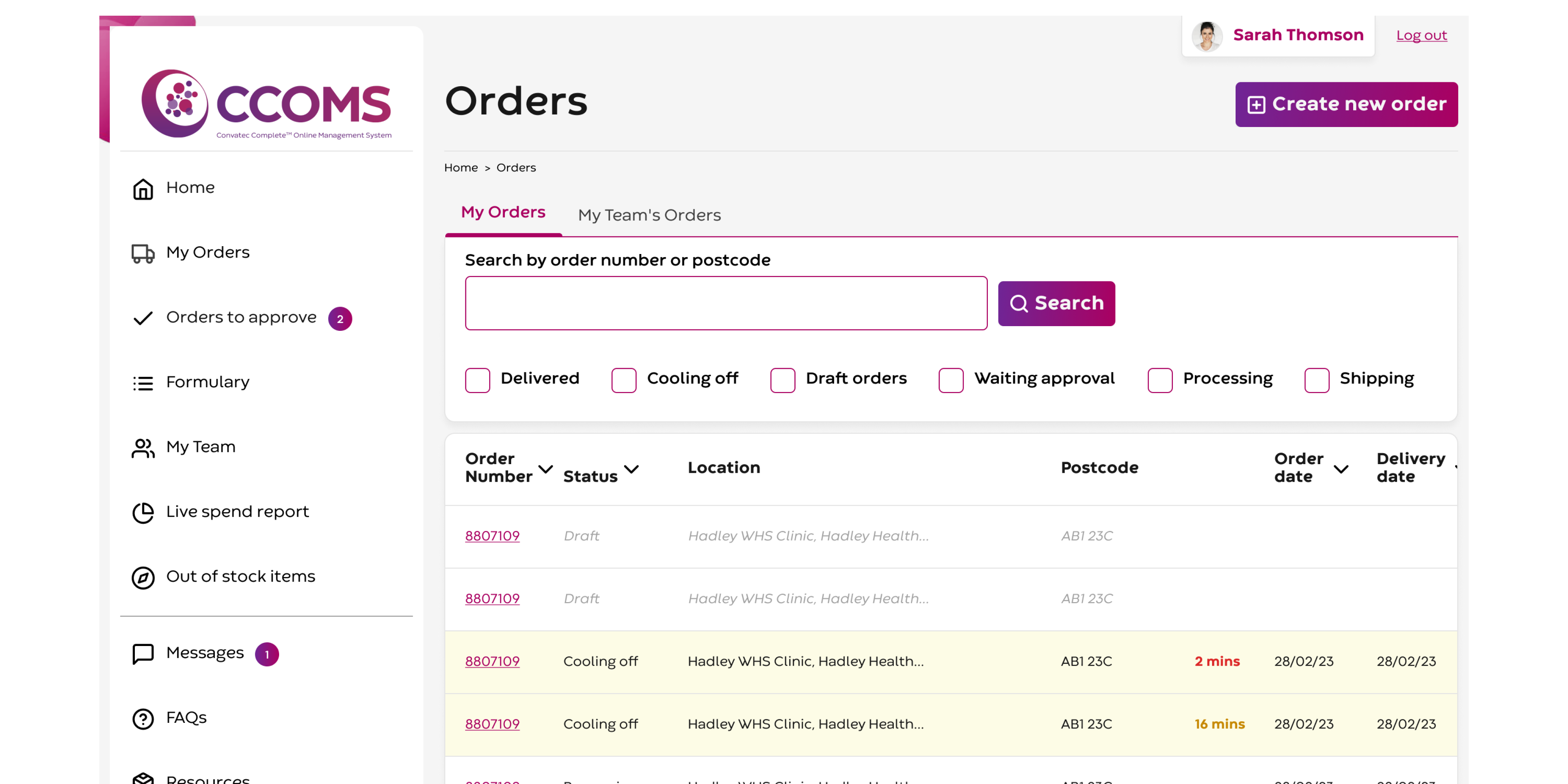 Screenshot of the completed Order Management page